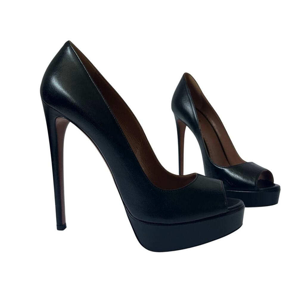Alaïa Classic Black Leather Peep Toe Heel Pumps size EU 38 Platform Stiletto